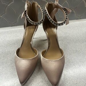 Jewel Badgley Mischka Pink Satin Heels with Rhinestone Ankle Strap